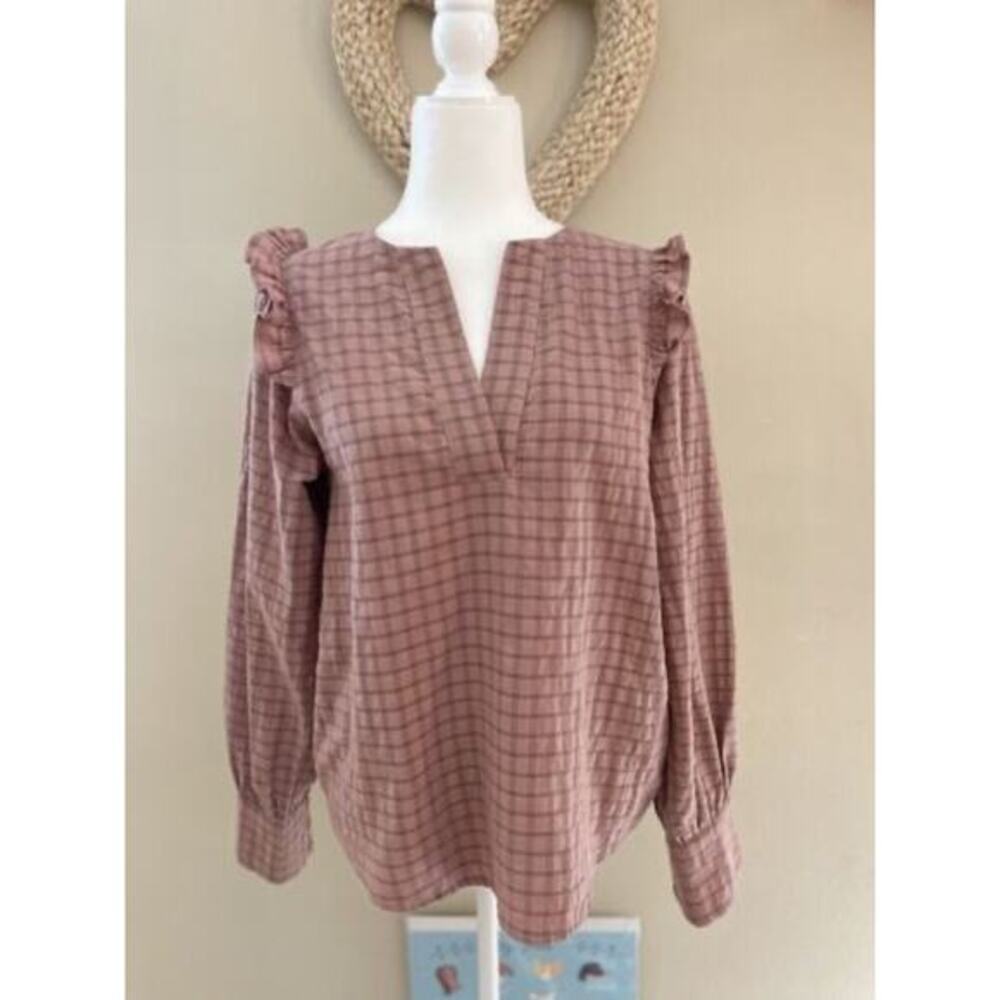 Anthropologie peasant tartan plaid pattern blouse country cottage core‎ Large